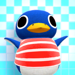 the image features a cartoon penguin named roald from the animal crossing video game series. he is depicted as a cute, round, blue penguin with a yellow beak, black eyes, and a white belly. he is wearing a red shirt with white horizontal stripes. the background is a blue and white checkered pattern.