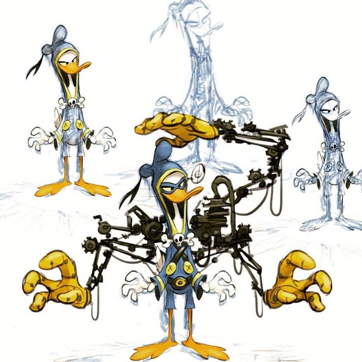 the image is a concept art or character design featuring a stylized ducklike character, reminiscent of a cartoon villain. the central duck figure is equipped with mechanical arms, gears, and robotic hands. the character is wearing a blue costume with a skull and crossbones motif, a mask, and a hat. there are multiple variations of the same character surrounding the central figure, some in full color and some in sketch form. the style is illustrative and detailed, suggesting a preliminary design stage. the image appears to be set against a white background with sketch lines and shadows to give depth.