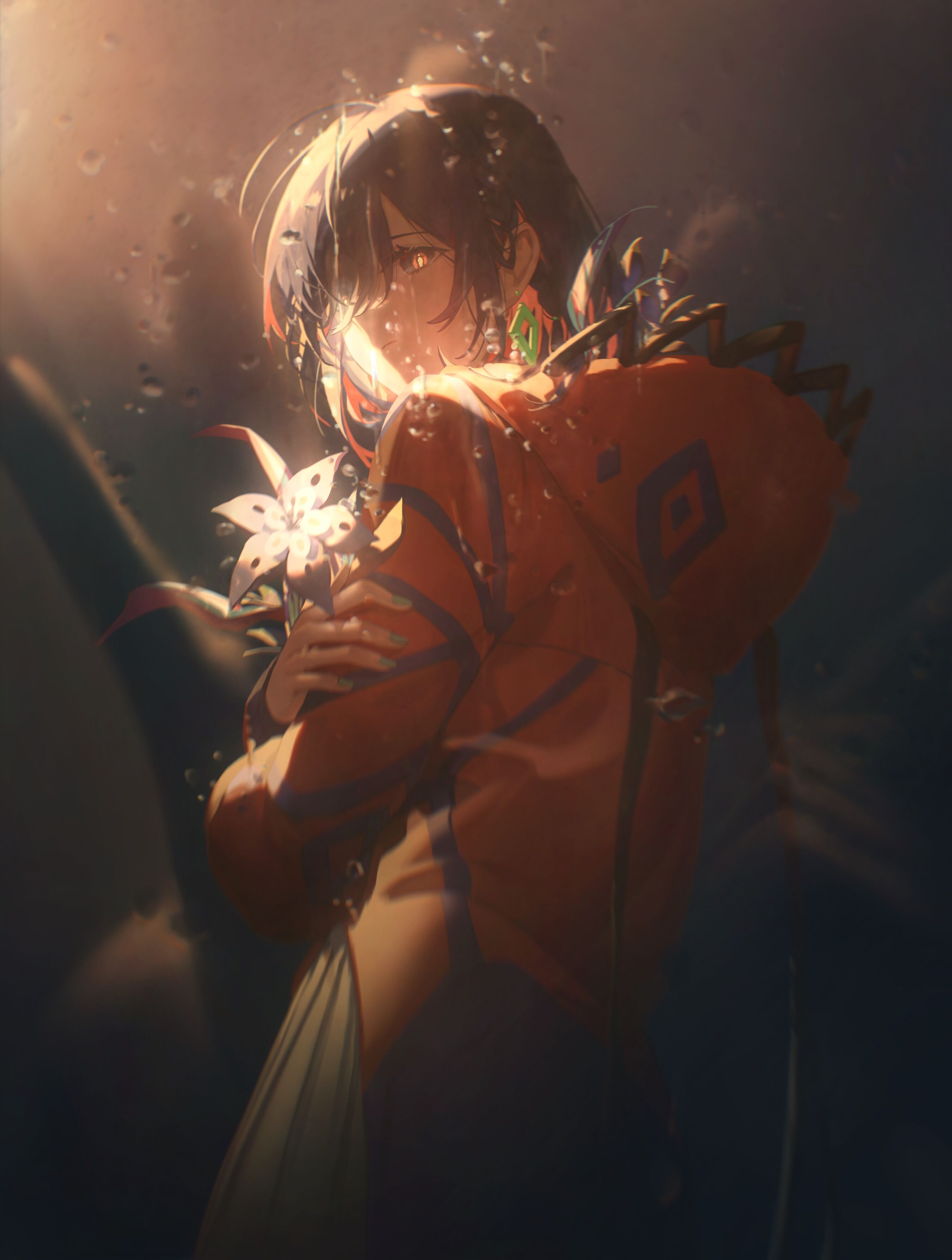 an animestyle illustration depicts a young woman with brown hair and golden eyes standing near a window with raindrops. she is wearing an orange jacket with a backpack and holding a white flower. the lighting creates strong shadows, adding a melancholy feel to the scene.