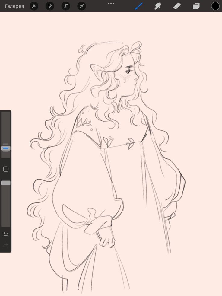 a black and white digital drawing of an elf woman with long, flowing hair and a billowing outfit. she is turned to the side, with her head turned slightly towards the viewer. the drawing is a sketch, with some areas more defined than others.