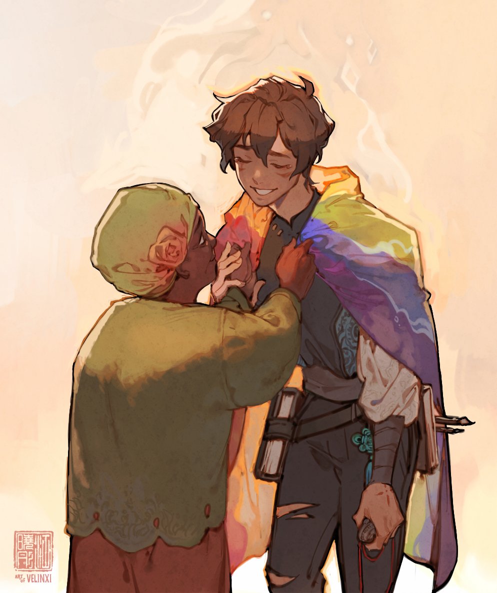 an illustration depicts a woman adjusting a rainbow flag cape on a person, presumably a young adult, with tan skin, curly brown hair, and a gentle smile. the woman, who has darker skin, is wearing a green headscarf adorned with a rose and a green sweater over a brown skirt. the background is a soft, warm blend of orange and yellow hues.