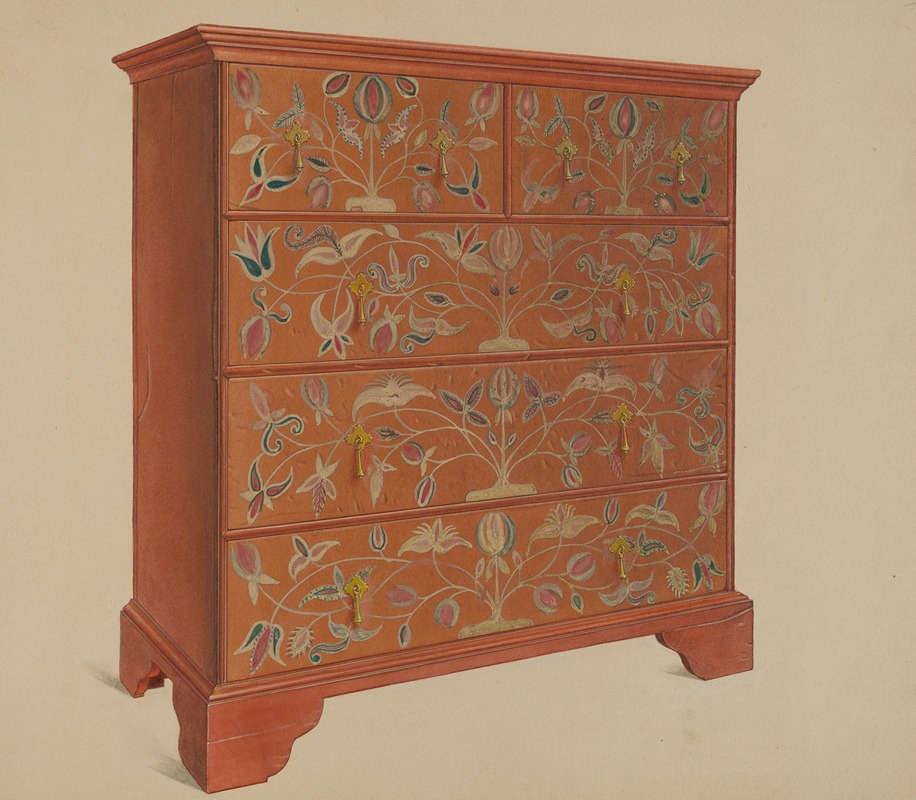 the image depicts a handpainted, orange chest of drawers. the furniture has a floral motif painted on each drawer, with small, stylized trees and flowers. the pulls are small, brasscolored, and keyshaped. the chest is constructed of wood and has a classic design. the painting shows the furniture in a slightly idealized and artistic style.