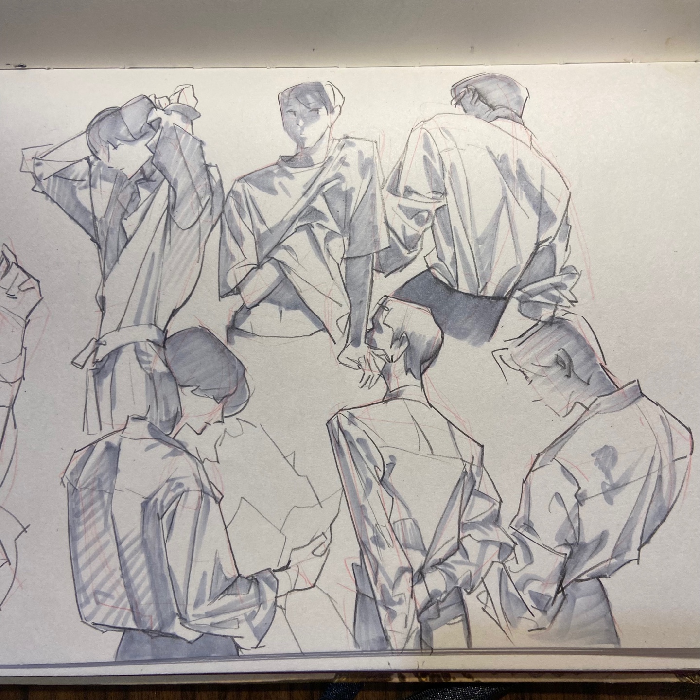 the image is a black and white sketch of seven men in various poses. they appear to be wearing fashionable, loosefitting clothing. the sketch has a dynamic feel, with the use of strong lines and shading to create a sense of movement.