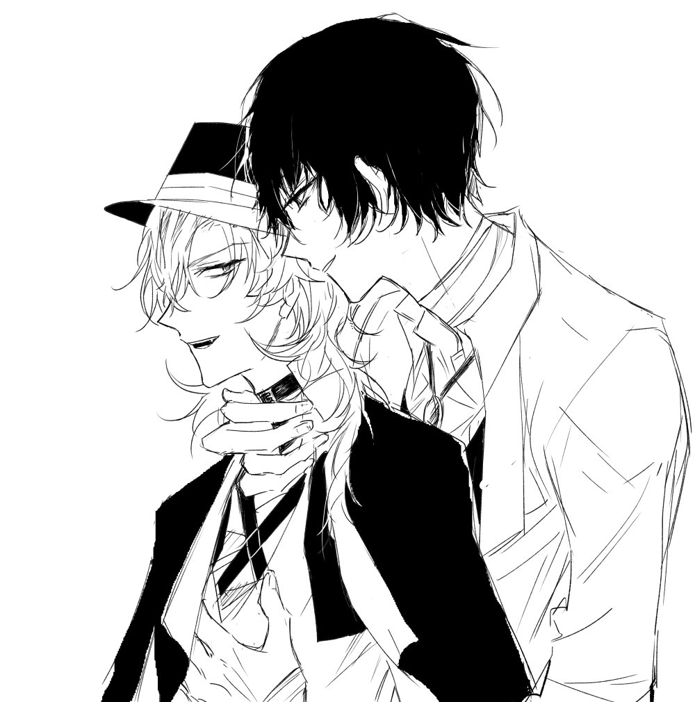 this is a black and white line art drawing of two male anime characters, one with a hat and the other with a suit, embracing and looking romantic.