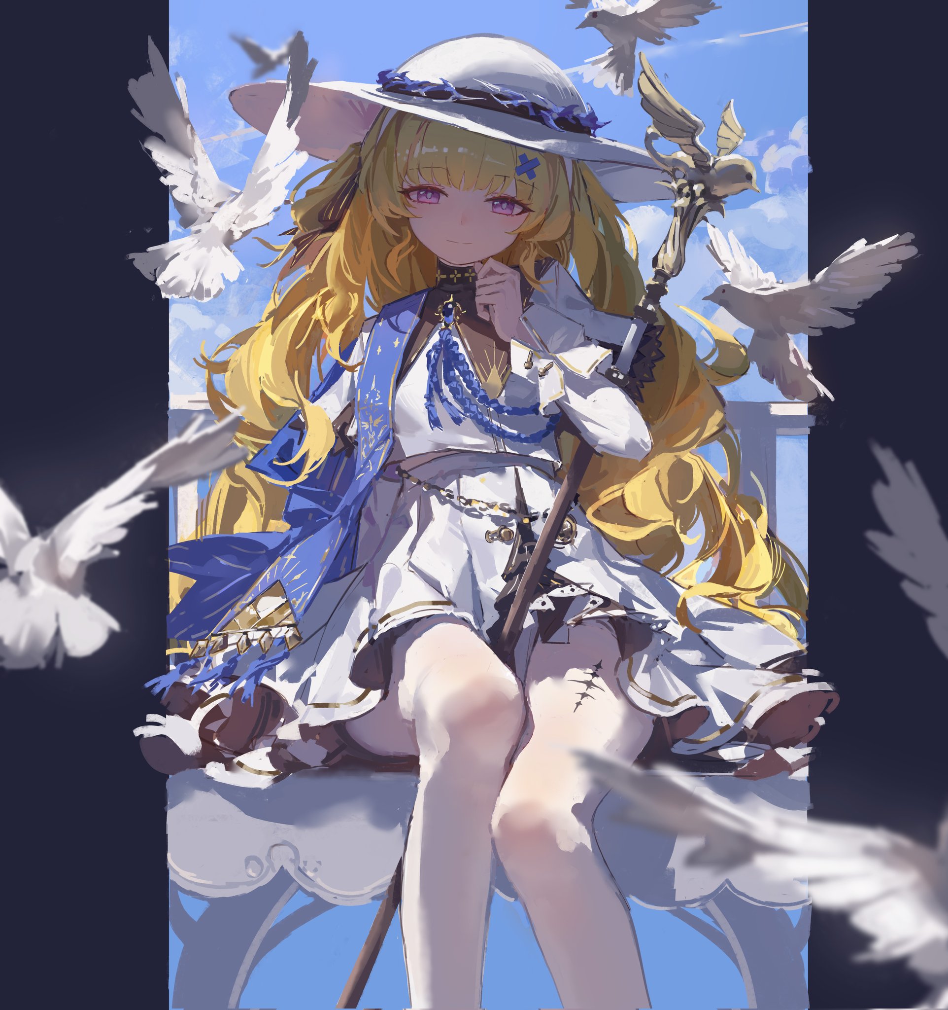 the image is a vibrant digital painting of a young anime girl with long blonde hair, wearing a white dress and a widebrimmed white hat adorned with blue flowers.  she's sitting on a white benchlike structure outdoors under a bright blue sky, holding a staff.  numerous white doves surround her, creating a serene and almost ethereal atmosphere. the girl's dress is detailed with blue accents and a blue scarf.  there are noticeable stitches on her thigh, hinting at a possible injury or past event. the overall style is whimsical and fairytalelike, with soft lighting and a dreamy feel.