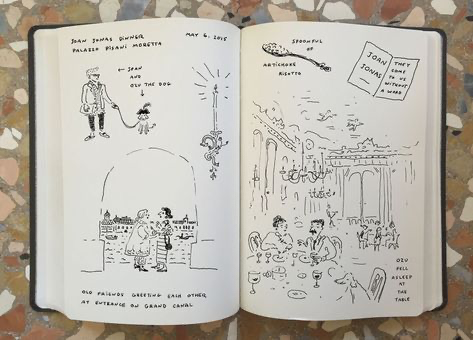 an open diary or sketchbook with a sketch inside of people at a dinner party at the palazoo pisani moreta in venice. the sketch is accompanied by handwritten notes, including a description of the dinner and the guest's name, joan jonas. the right page has a sketch of the dinner table and guests, the left page has a sketch of a couple outside in front of a grand canal entrance.