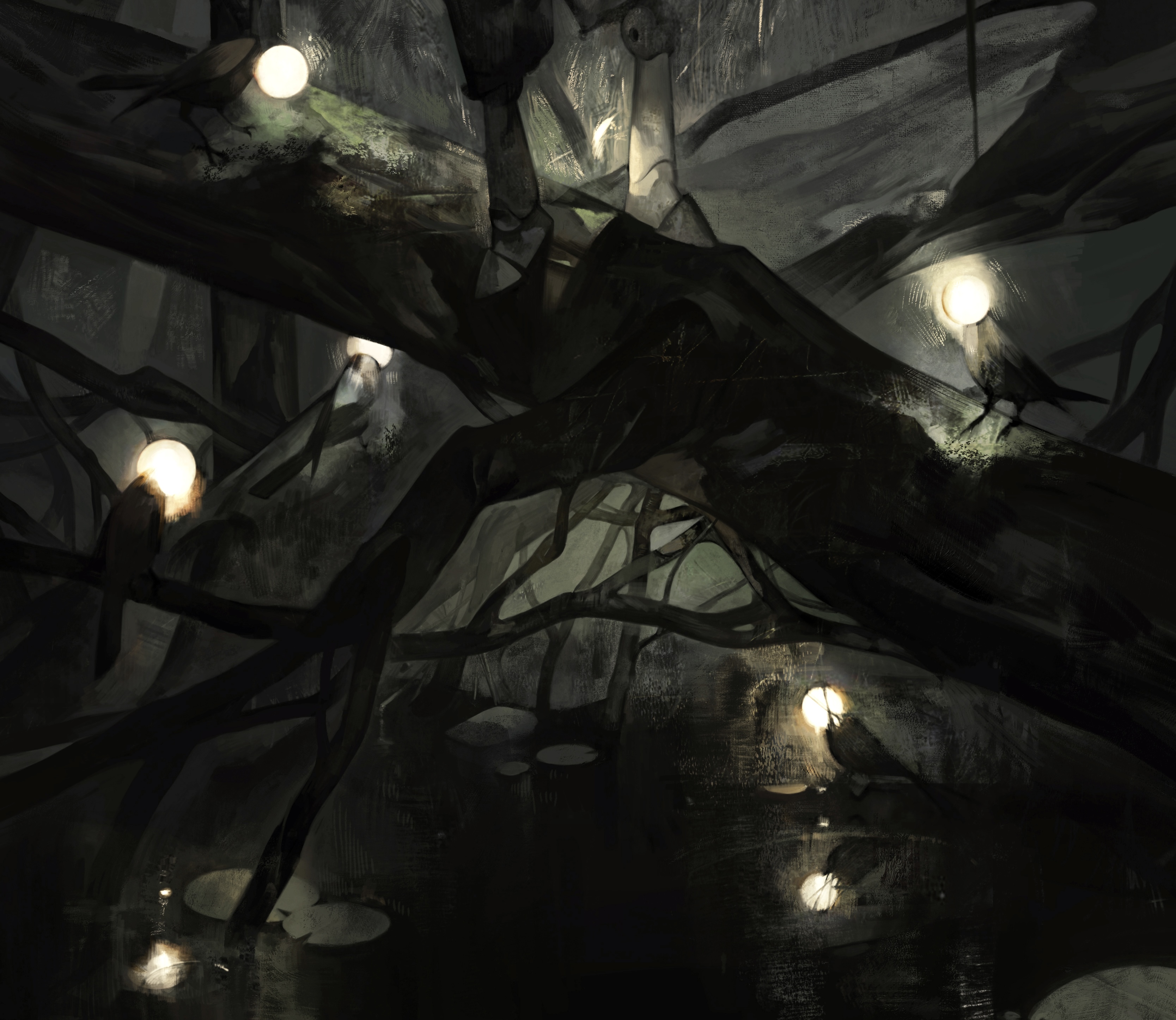this image is a dark and mysterious scene of a forest at night. the trees are thick and tangled, with branches reaching out in all directions. there is a sense of mystery and danger in the air, as if something is lurking in the shadows. the only light comes from glowing orbs, which are scattered throughout the scene. these orbs cast an eerie glow on the surrounding trees, creating a sense of unease. in the foreground, there are several birds, possibly crows or ravens, perched on branches. they are looking down at the viewer, their eyes reflecting the light from the orbs. the overall impression of the image is one of darkness, danger, and mystery.