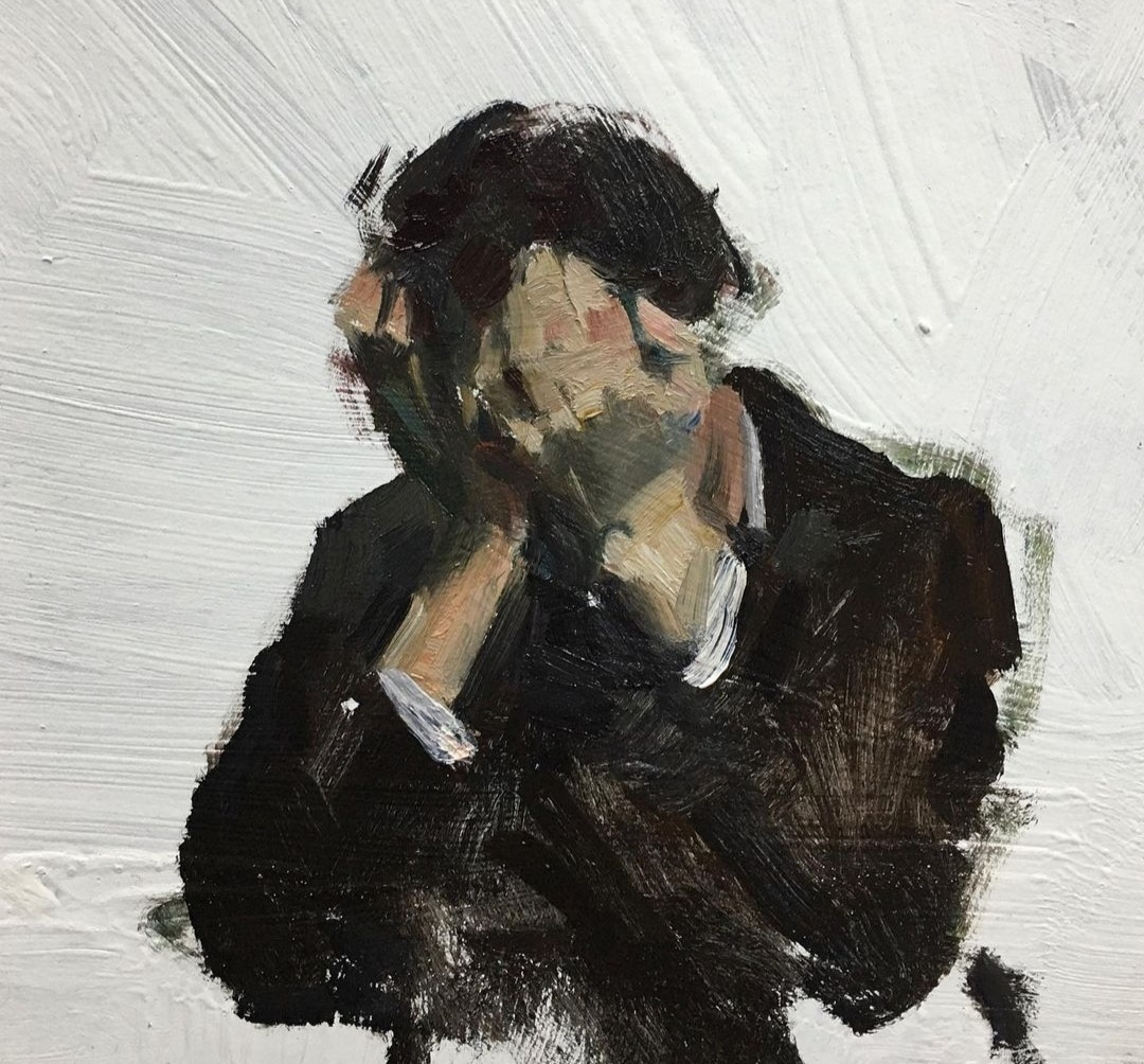 the image is an expressionistic portrait of a man with his head in his hands. the man is wearing a dark suit and is painted in a loose, gestural style. the background is a white canvas with visible brushstrokes. the painting evokes feelings of sadness, despair, and loneliness.