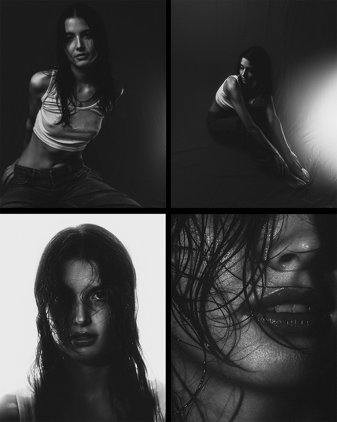 the image is a collage of four black and white photographs showcasing a young woman in various poses and lighting conditions.  the top left panel shows a fullbody shot of the woman wearing a tank top and jeans, slightly angled and looking at the camera. the top right features a slightly higher angle, fullbody shot of her sitting with her legs crossed, her gaze directed slightly away. the bottom left is a closeup head and shoulders shot with wet, disheveled hair obscuring some of her face. the bottom right is a close up of the model's face and wet hair. all images share a dark and moody atmosphere, with different levels of lighting and emphasis on the model's expressiveness and the texture of her hair.  the overall style suggests a fashion or editorial photoshoot.