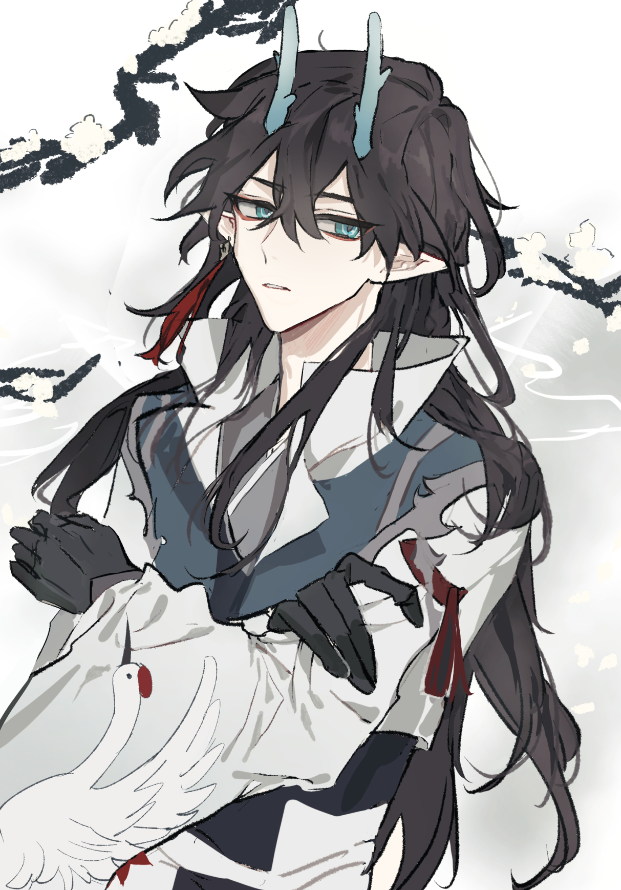 the image depicts a male anime character with long black hair, blue eyes, and a white outfit. he is wearing black gloves and a red ribbon. he is holding a white bird or crane in his arms. the character appears sad or melancholic. the background is a light gray with some white flowers.
