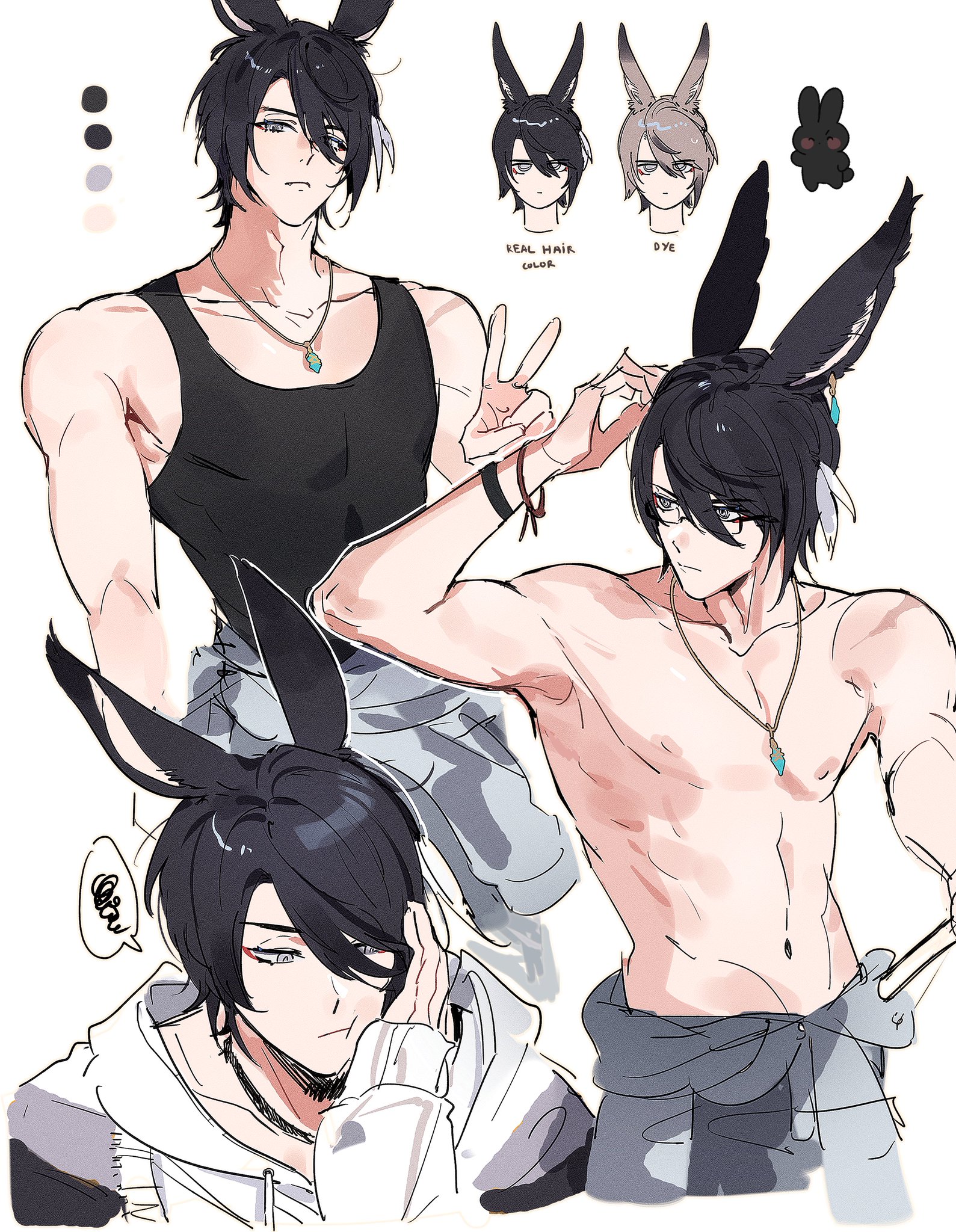 this is a digital drawing of an anime boy. he has black rabbit ears, black hair, and black eyes. he is wearing a black tank top, black pants, and a white hoodie. he has a necklace with a blue pendant. there are three different drawings of his hair color.  the top left one is of his real hair color, which is black. the top middle is of his hair dyed black, and the top right is of his hair dyed brown.  there is also a drawing of a black rabbit in the top right corner. there are also some grey lines around the drawings, which could indicate that the drawings are unfinished.