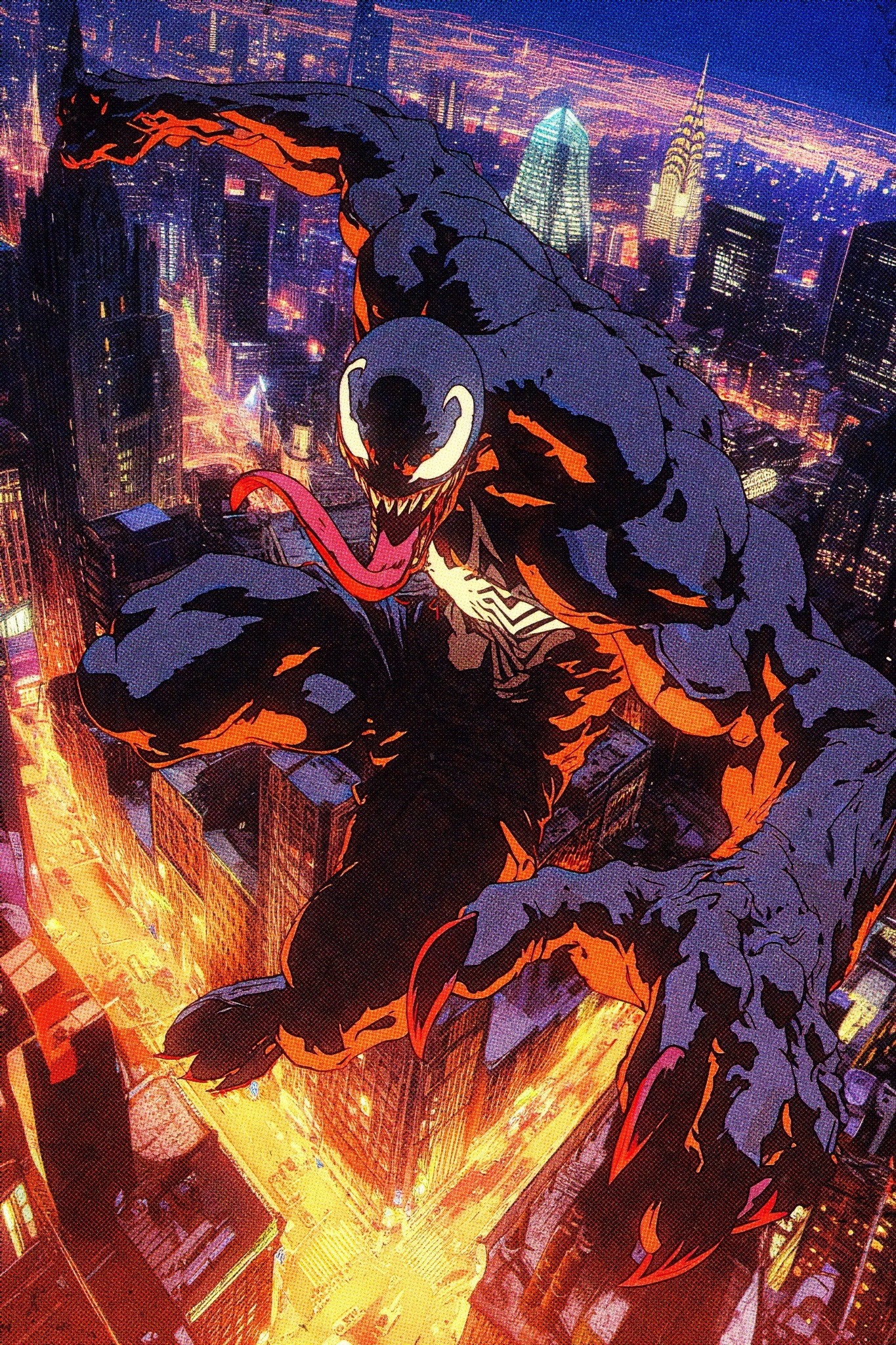 an illustration depicts the marvel character venom perched atop a building at night, overlooking a brightly lit cityscape featuring several prominent skyscrapers. the character's menacing visage with a long tongue and sharp teeth is visible, and its clawed hands grip the edge of the building. the city below is illuminated with orange and yellow lights, contrasting against the dark sky.