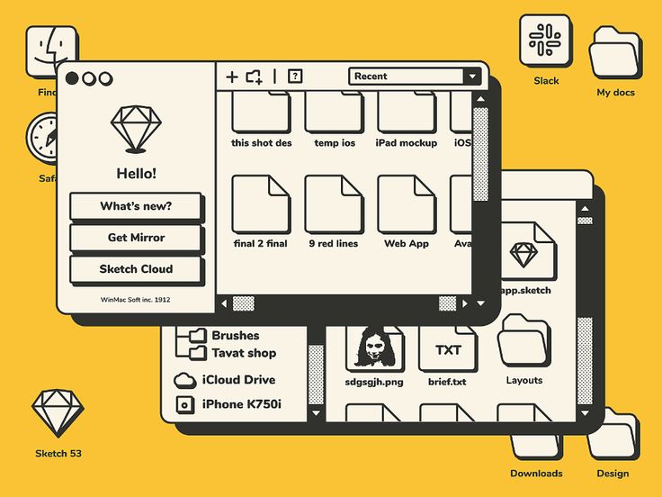 the image features a retrostyle depiction of the sketch app interface, styled after a vintage macos desktop environment. several application windows are open, including file managers showing documents and folder structures. desktop icons such as slack, finder, safari, and custom icons like "sketch 53" are scattered around the screen. the design elements evoke a nostalgic feel for early computing graphical user interfaces.