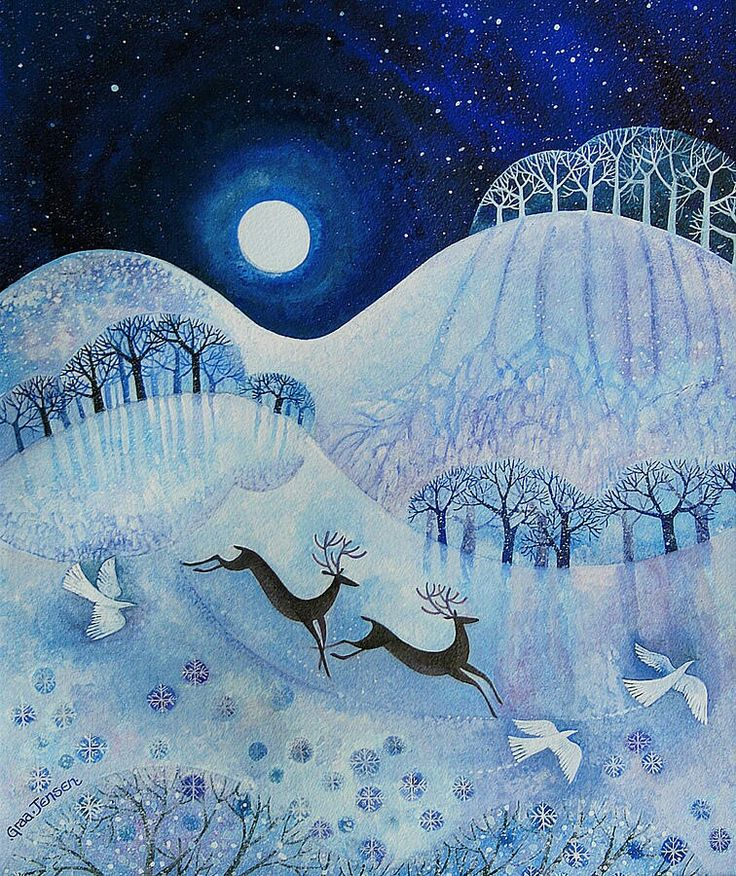 the image is a watercolor painting depicting a serene winter scene at night.  two reindeer are shown leaping gracefully across a snowcovered landscape under a large, full moon.  the sky is a deep blue speckled with stars.  silhouetted trees dot the rolling hills, and several white birds, possibly doves, are in flight, adding to the peaceful atmosphere.  delicate snowflakes are scattered across the ground, enhancing the wintery feel. the overall style is whimsical and artistic, with soft, blended colors and a dreamy quality. the artwork conveys a sense of magic and tranquility.