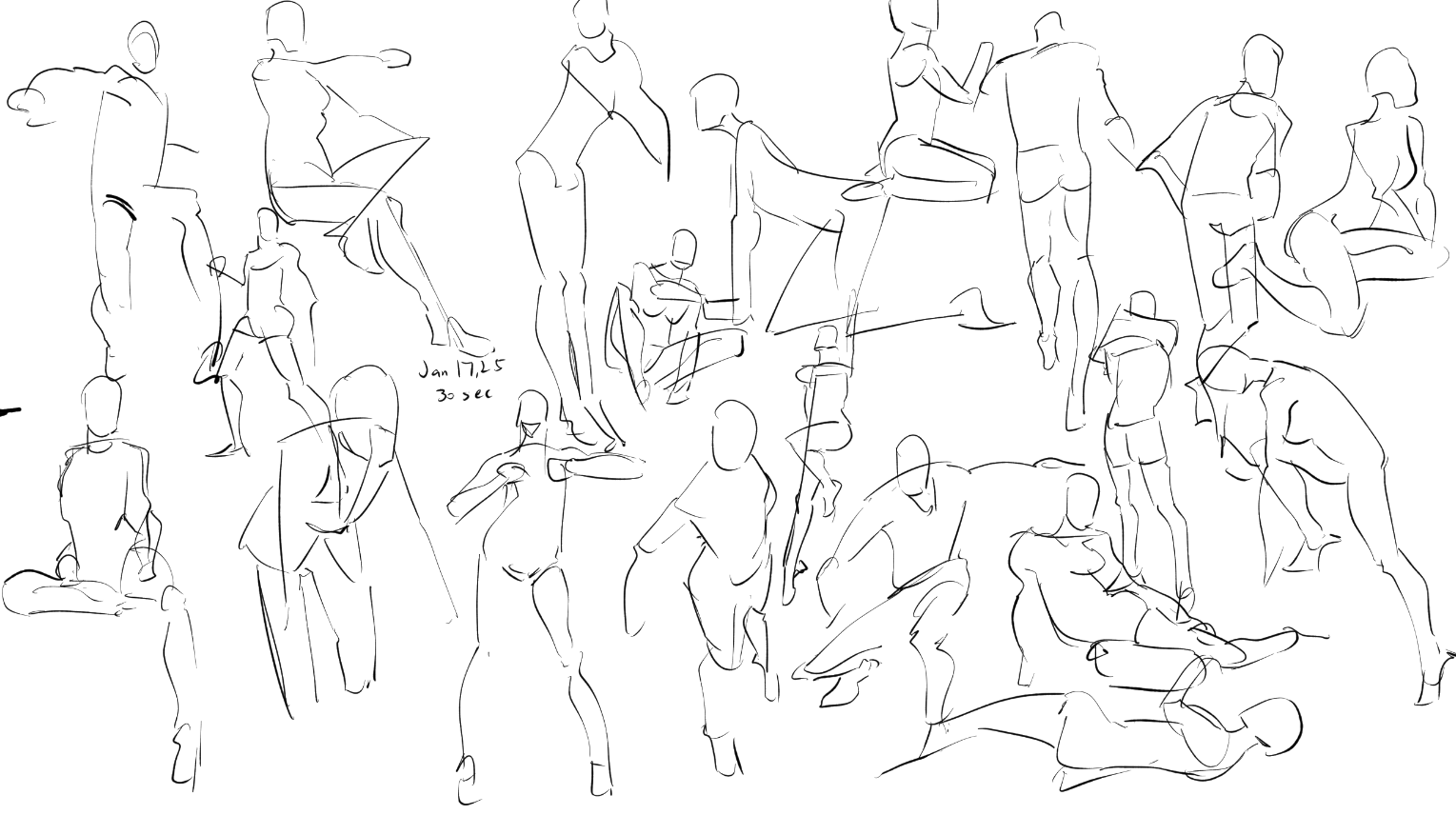 the image contains a collection of quick gesture drawings of human figures in various poses.  the style is loose and expressive, emphasizing movement and form rather than precise detail. the drawings are done in black ink on a white background.  the style suggests a rapid sketching exercise, possibly done within a 30second timeframe, as indicated by a note on the page.  the figures are diverse in posture and composition, demonstrating a range of dynamic actions and resting positions.