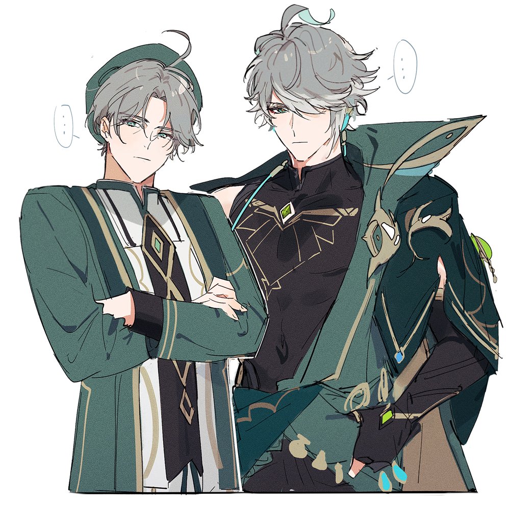 two male anime characters are standing side by side. the character on the left is wearing a green jacket with a gold trim and white shirt, and the character on the right is wearing a black shirt, dark green jacket with gold trim, and dark gray pants. they both have white hair and green eyes, and their expressions are serious.  both characters are looking forward, and their bodies are facing forward. they are both standing in a relaxed pose. the image is in a manga style.