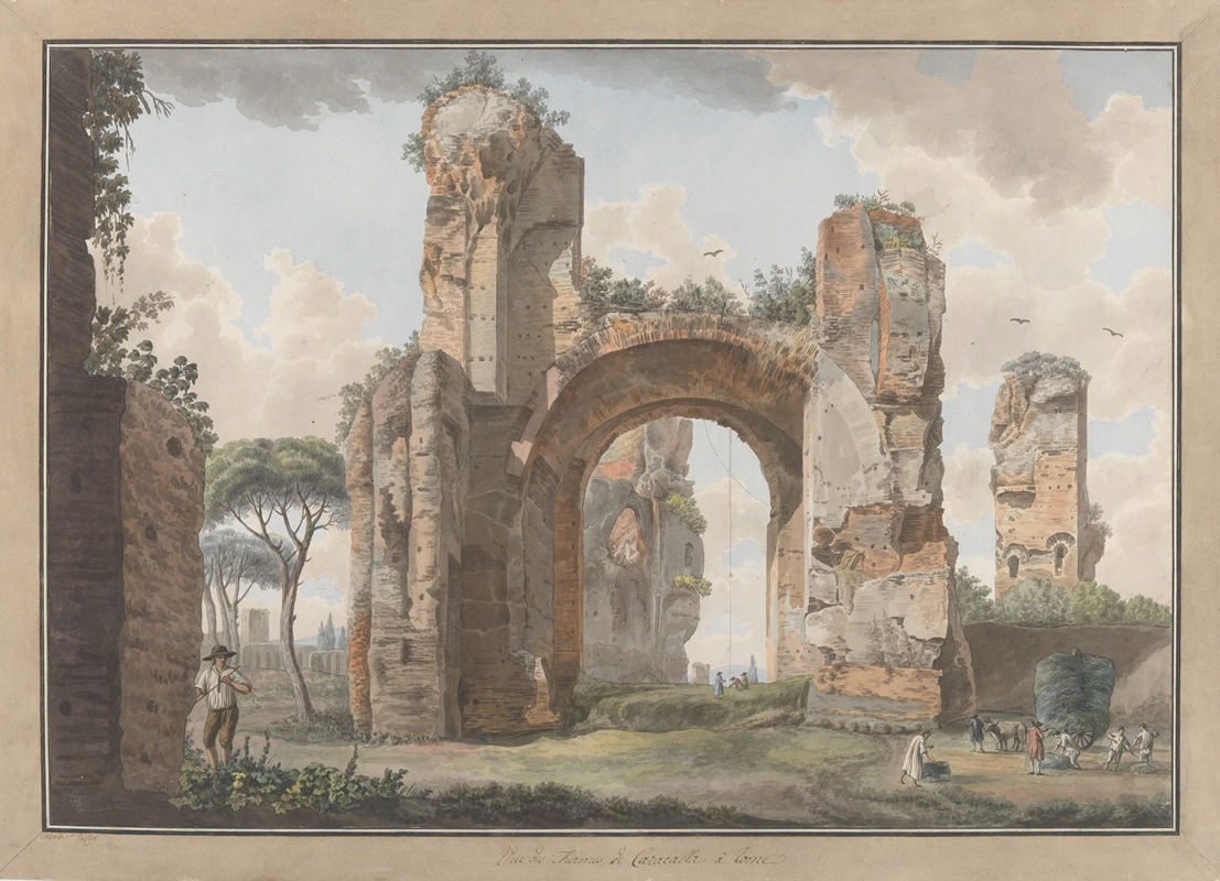 the image is a watercolor painting of ancient roman ruins. in the center is a large archway, with other ruins scattered around. people are present, and there is a horsedrawn cart. the sky is cloudy. the overall atmosphere is one of historical grandeur and decay.