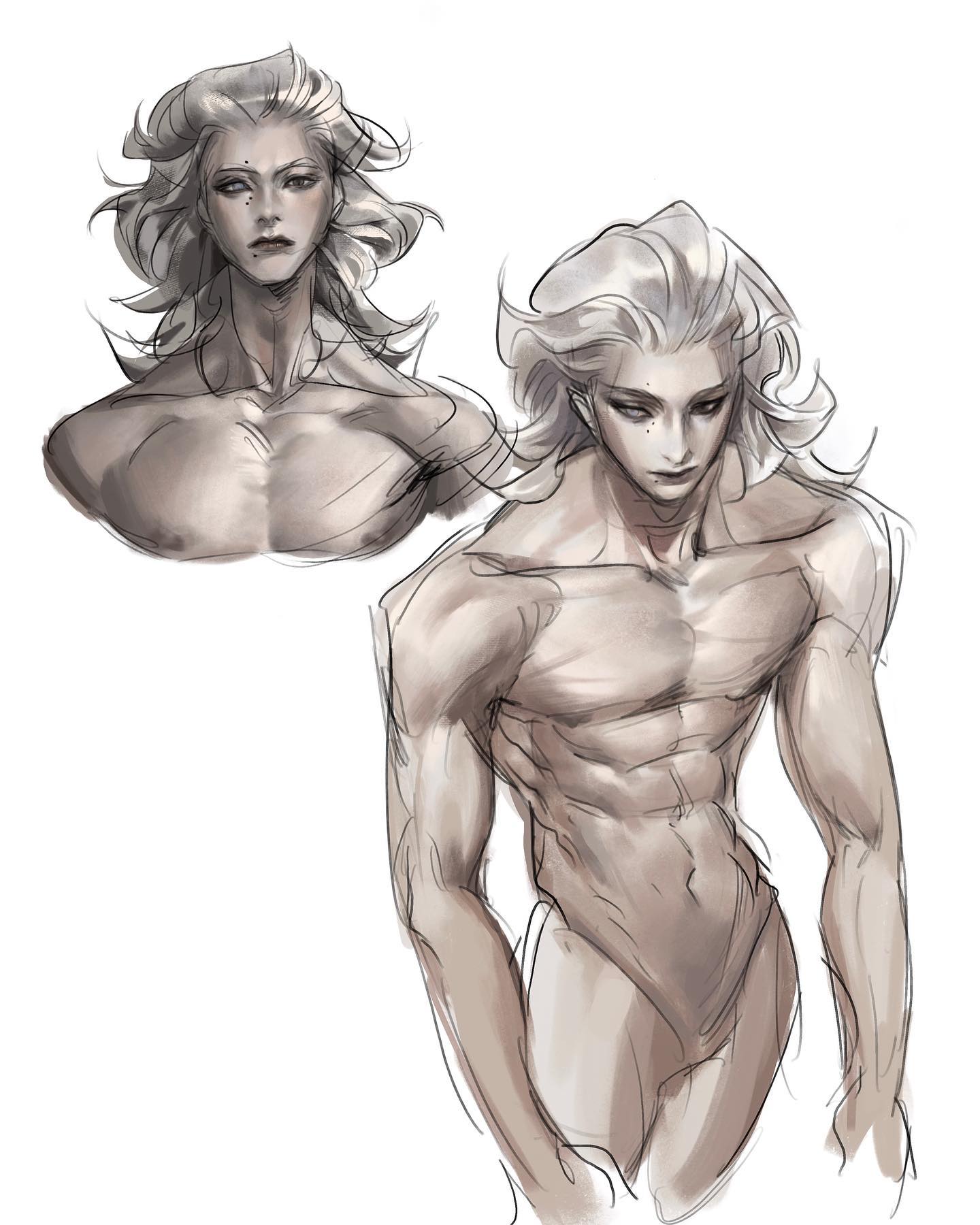 this is a digital sketch of a muscular man with long white hair. the sketch shows two different views of the man  a bust and a threequarter view. he is shirtless, allowing his physique to be the focal point of the drawing. the style of the sketch is loose and expressive, with visible brushstrokes and a focus on capturing the form and movement of the body.