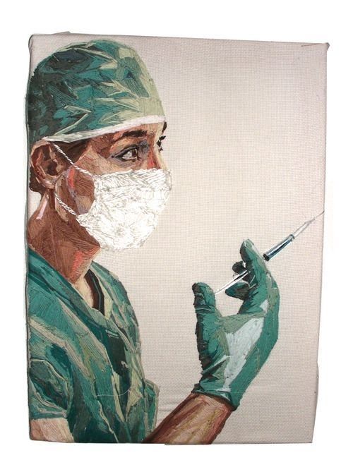 an embroidered portrait of a surgeon with a needle in their hand. the surgeon is wearing a surgical mask, cap, and green scrubs. the portrait is done in a realistic style and is framed in a white frame.