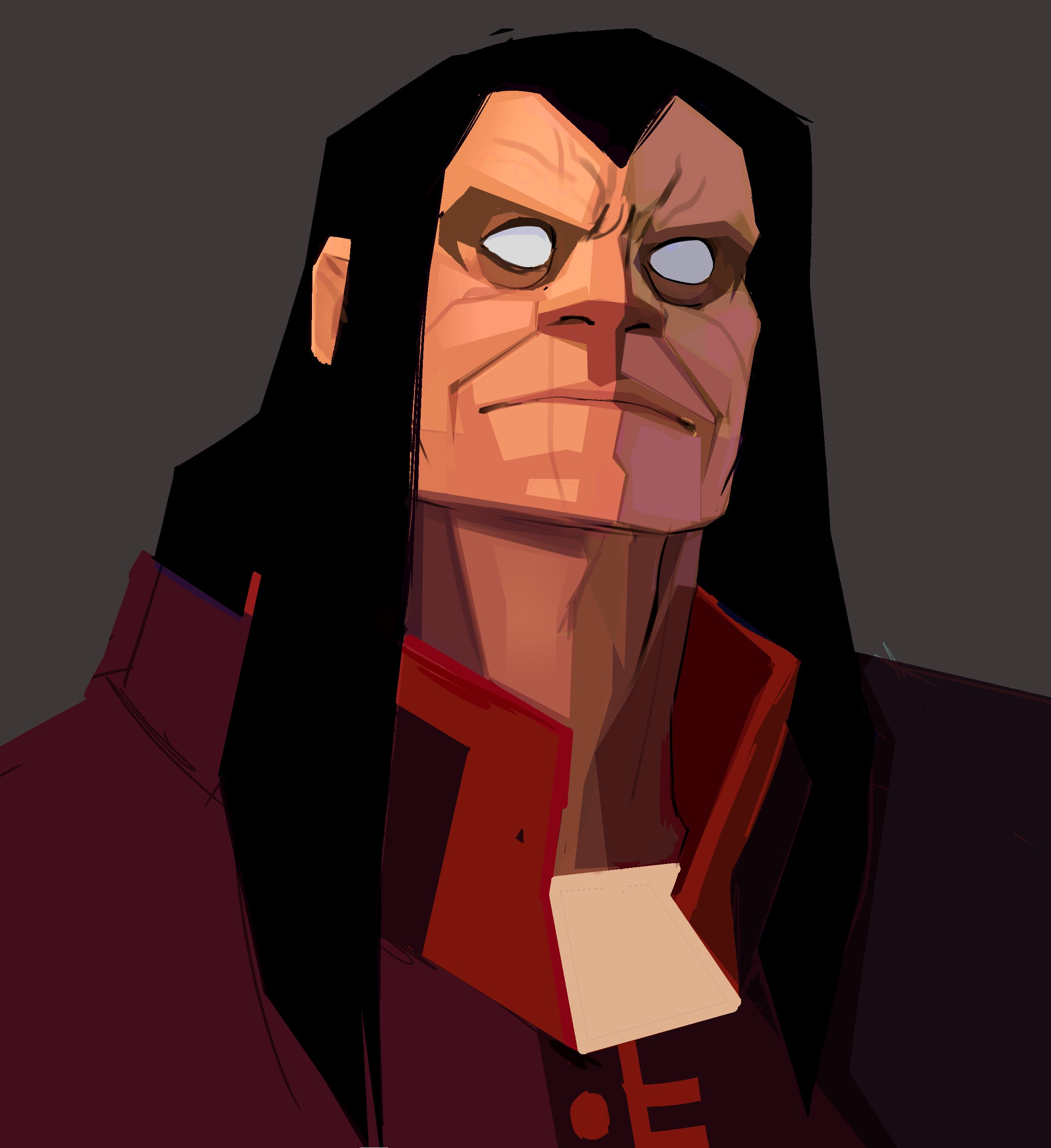 a digital illustration of a man with long black hair and white eyes. he is wearing a red collar and has a serious, emotionless expression on his face. the background is dark gray.  the image is drawn in a stylized, cartoony style.