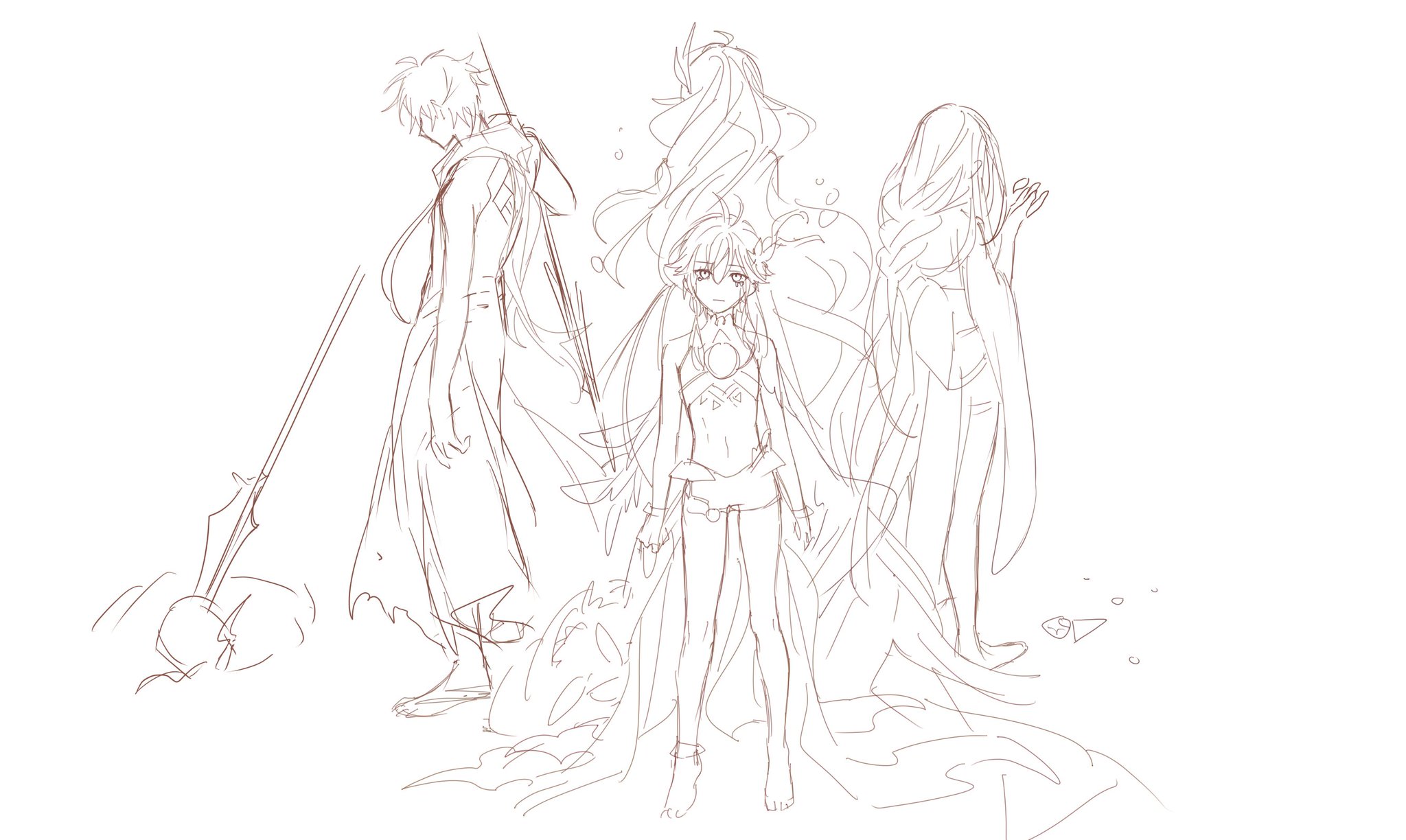 the image is a line drawing of 3 anime characters. the woman on the left, the man on the right, and the woman in the center. the center woman has short hair and wears a bikini. the woman on the right has long hair and wears a long dress. the man on the left has short hair and wears a robe and holds a spear. all three characters are in a relaxed pose.