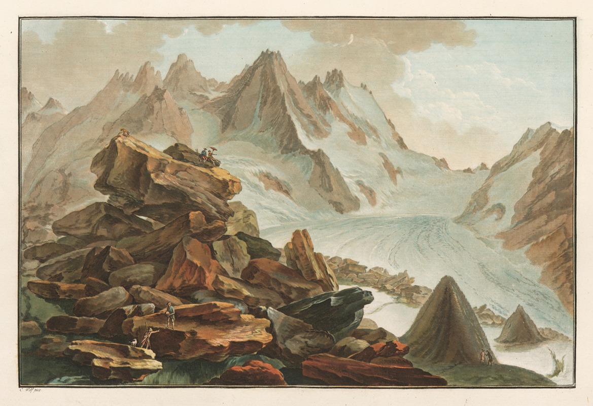 a vintage landscape painting depicts a mountainous region with a prominent glacier. large, irregularly shaped rocks dominate the foreground, with several small figures of people discernible among them. a large glacier stretches into the distance, surrounded by towering mountain peaks, some covered with snow. the sky is partially cloudy, suggesting a highaltitude environment. the style suggests a historical artwork, possibly a drawing or etching with watercolor.