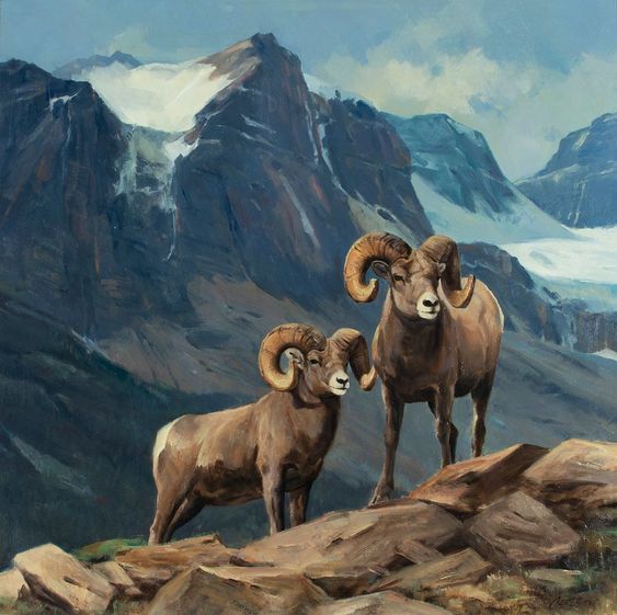 a painting of two bighorn sheep rams standing on a rocky mountain with a glacier in the background. the rams are looking at the viewer, and the painting is done in a realistic style. the painting is wellcomposed, and the colors are bright and vibrant. the painting captures the beauty and majesty of the rocky mountains and the wild animals that live there.