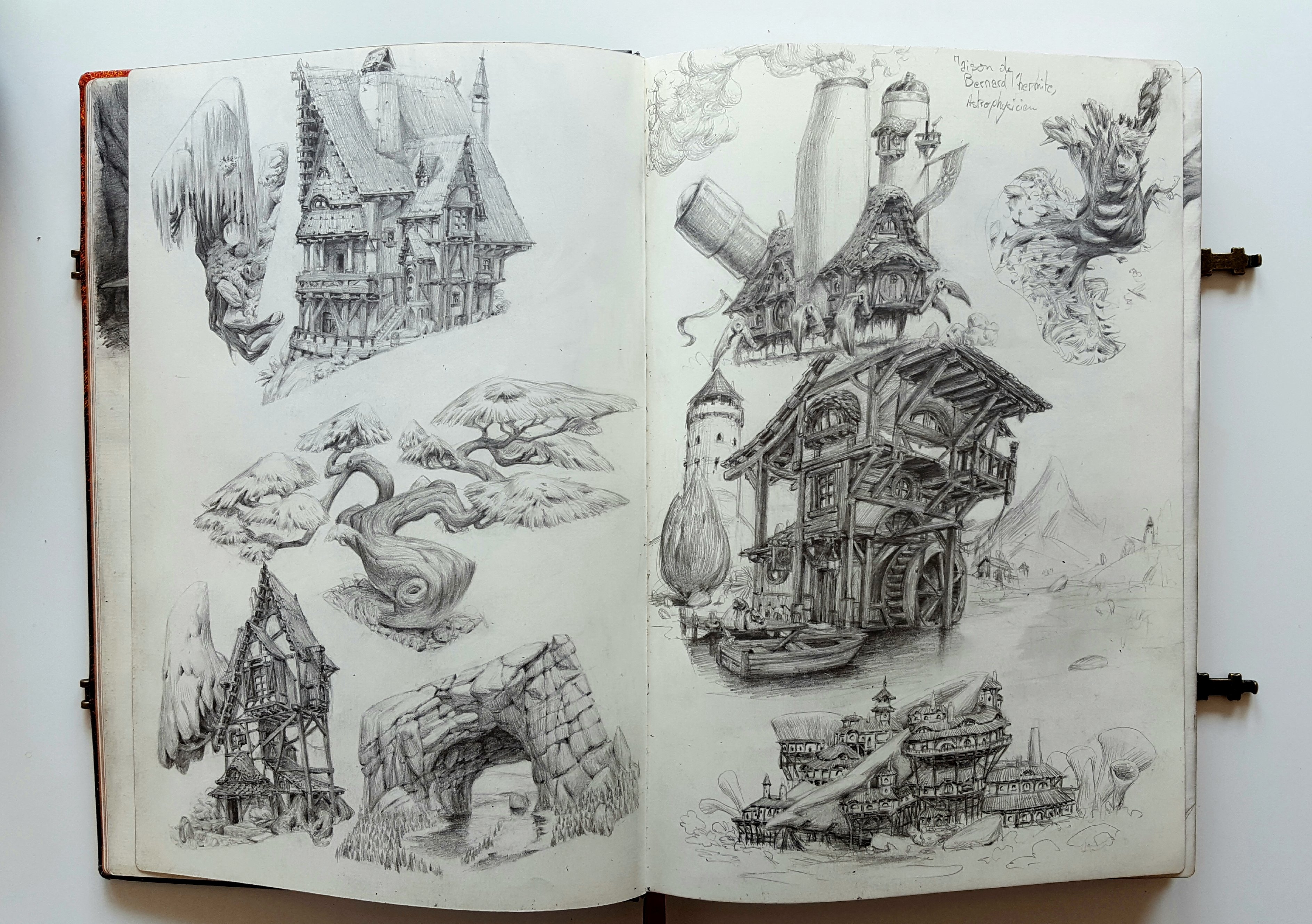 this is a twopage spread of a sketchbook filled with pencil sketches. each sketch depicts a different fantasy building or structure, ranging from stilt houses to towers. the artist has used a variety of perspectives and has paid close attention to detail, creating a sense of depth and realism in each drawing. the sketches are rendered in a range of values, from light to dark, which helps to create a sense of volume and form. some of the sketches also include trees and other natural elements, which helps to ground the buildings in a believable environment.