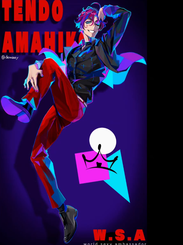 a digital illustration of a male anime character named tendo amahiiko, who is posing confidently. he has red hair and is wearing a black suit with red pants. the background is purple and includes a graphic of a crown and the letters "w.s.a" which stands for "world sexy ambassador". the username "@denaseey" is also visible.