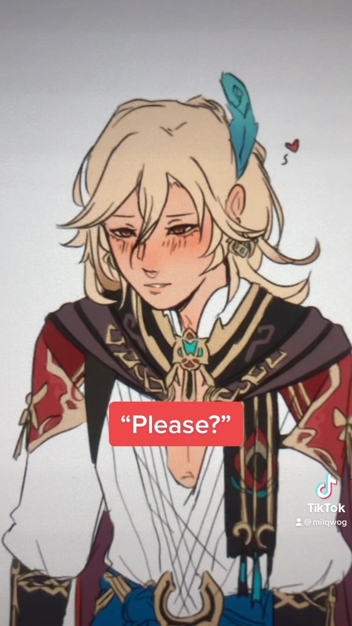 the image is a digital drawing of albedo from genshin impact. he is depicted with a blush on his cheeks and is shown from the chest up. he is wearing his signature outfit and a teal feather is in his hair. the words "please?" are written in red text across his chest. the image has a tiktok watermark in the lower righthand corner.