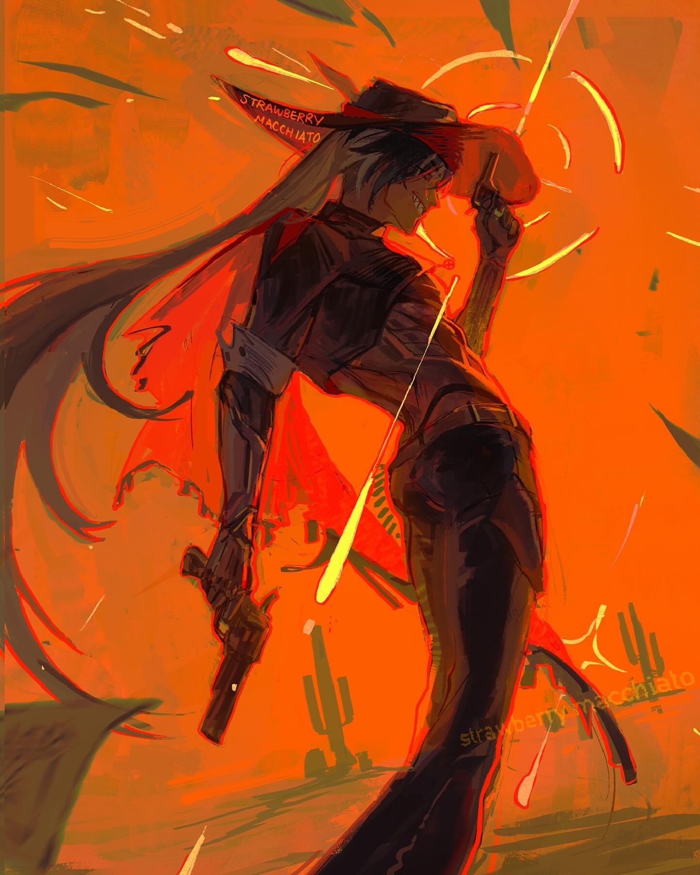 the image showcases a lone gunslinger in a dynamic pose set against a vivid desert sunset. the figure, clad in dark attire with a flowing red cape, exudes confidence and power.  the low camera angle accentuates the imposing silhouette as the gunslinger tips their hat, a gesture hinting at both swagger and mystery.  the warm hues of the setting sun bathe the scene in a dramatic light, casting long shadows and highlighting the dust particles suspended in the air.   the overall composition evokes a strong sense of action and adventure, characteristic of western genre conventions.