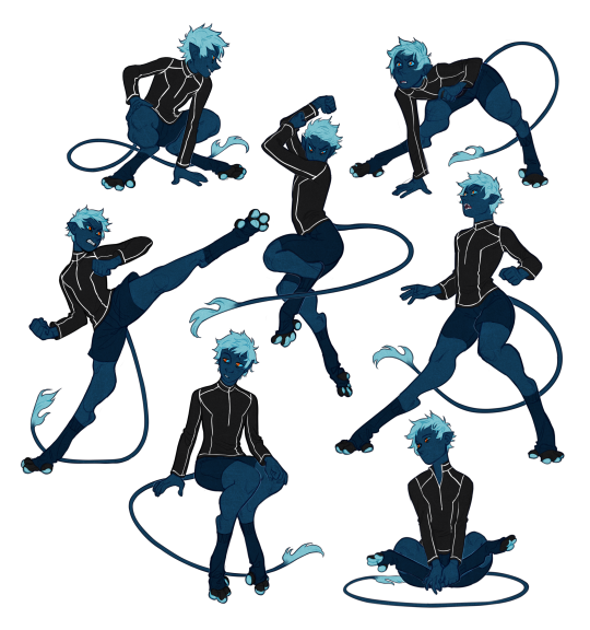 a digital character design sheet of a bluetoned humanoid monster boy, drawn against a black background. the sheet showcases a variety of poses and expressions of the character, who is garbed in a black and white athletic outfit. the character possesses glowing blue markings, sharp claws, fangs, and a long tail. the art style emphasizes dynamic lines and dramatic lighting.