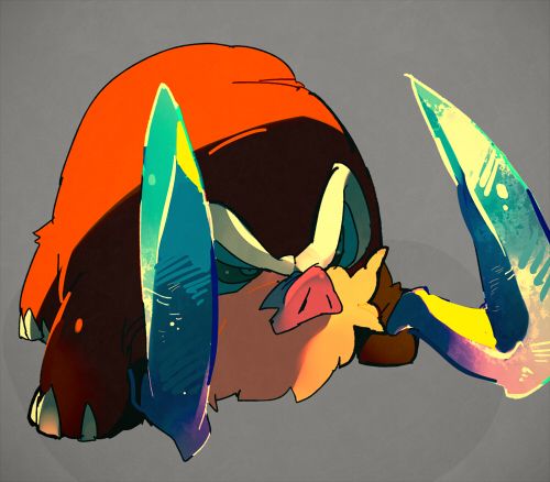 the image is a digital illustration or fanart depicting a stylized creature.  the creature appears to be a hybrid of a pig/boar and a bird, with a prominent beak and piglike snout. it is wearing a bright orange hood.  two large, stylized knives or blades are positioned prominently behind the creature, partially obscuring its body. the overall style is cartoonish but with vibrant, almost abstract coloring and shading. the creature has an angry or aggressive expression. the background is a muted gray.