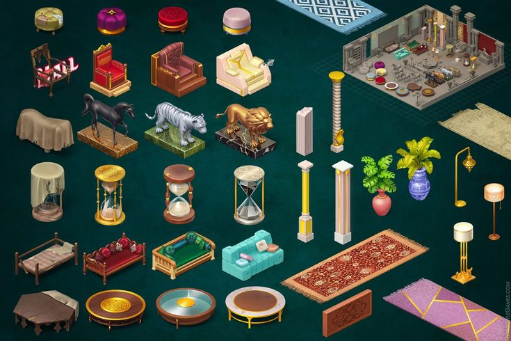 the image shows a collection of isometric furniture pieces and interior design elements arranged on a dark green background. there are various types of chairs, armchairs, beds, and tables. decorative items include statues of animals like horses, tigers, and lions. columns of different designs stand alongside hourglasses, lamps, plants in vases, and an assortment of rugs. an isometric room interior showing how these objects can be arranged is also present.