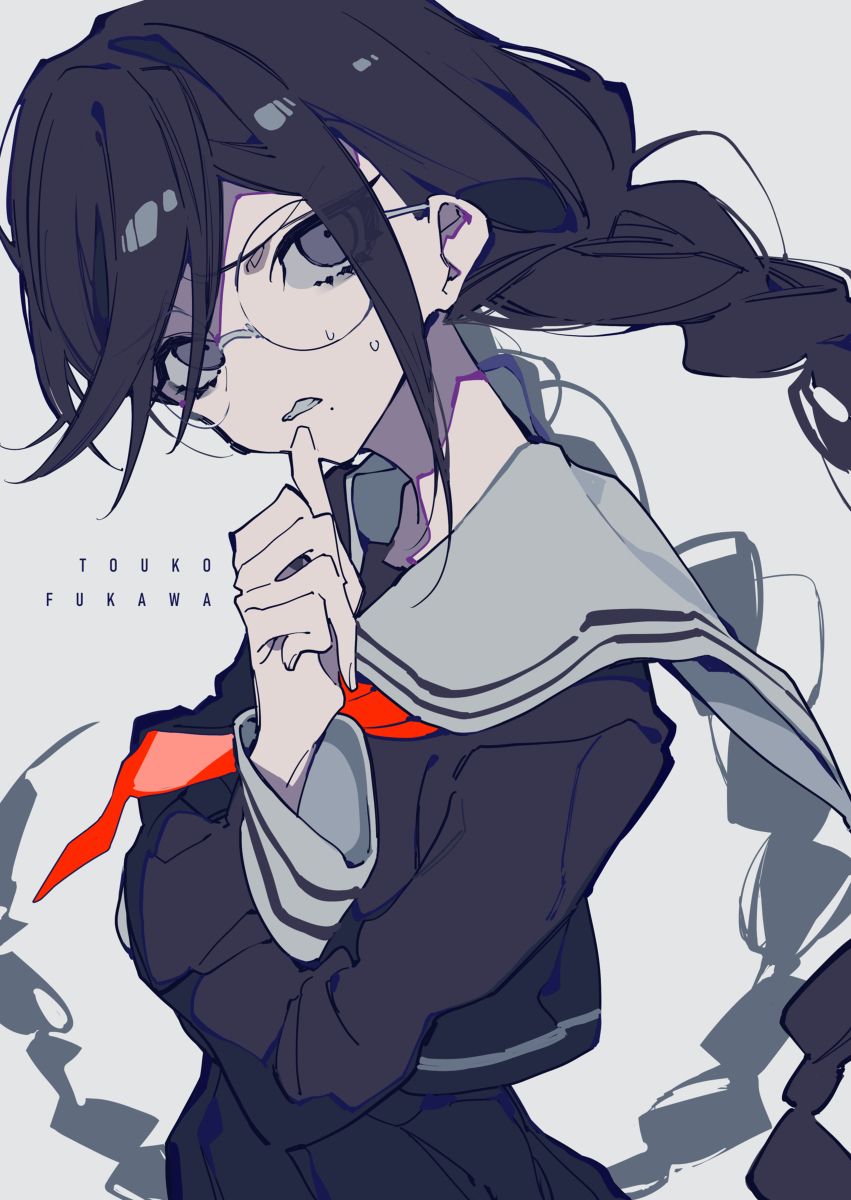 anime style image of touko fukawa in a school uniform, wearing glasses and with a pensive expression, her finger to her lips. she has black hair styled in a braid.