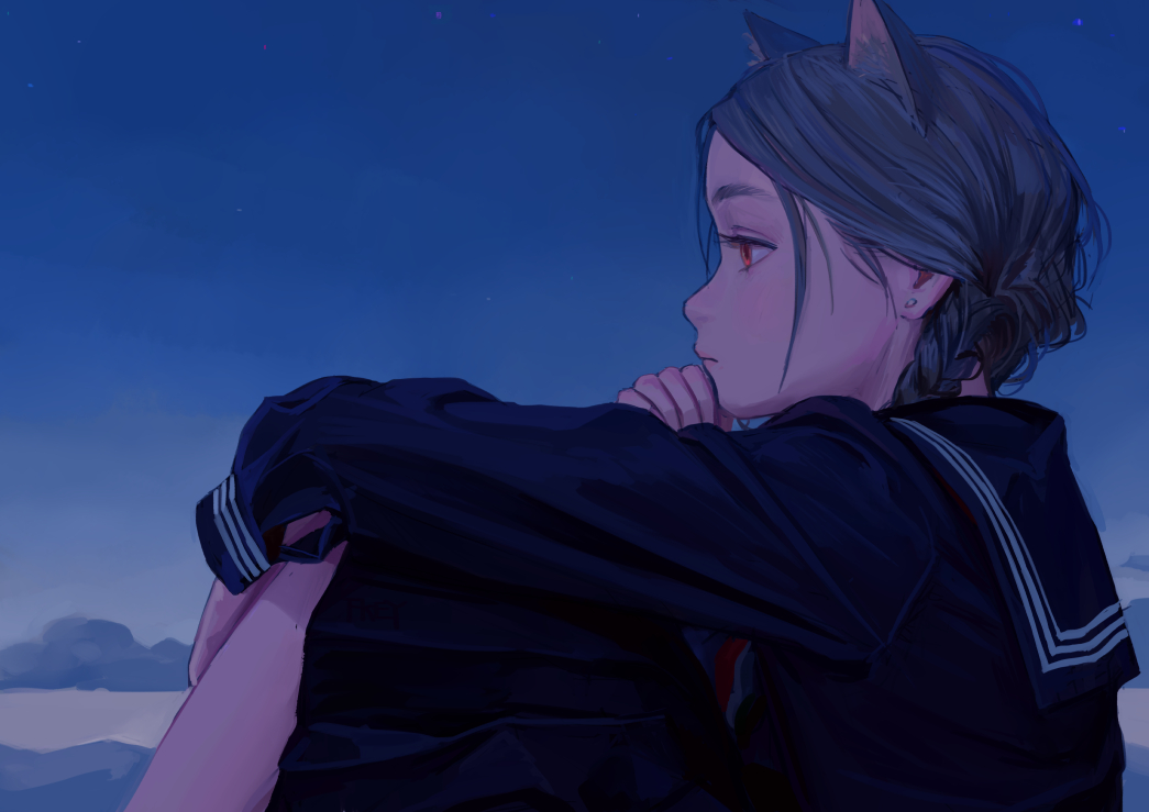 an animestyle girl with cat ears, wearing a sailor uniform, is looking pensively at the night sky filled with stars. she's resting her head on her hand, suggesting a thoughtful or melancholic mood.