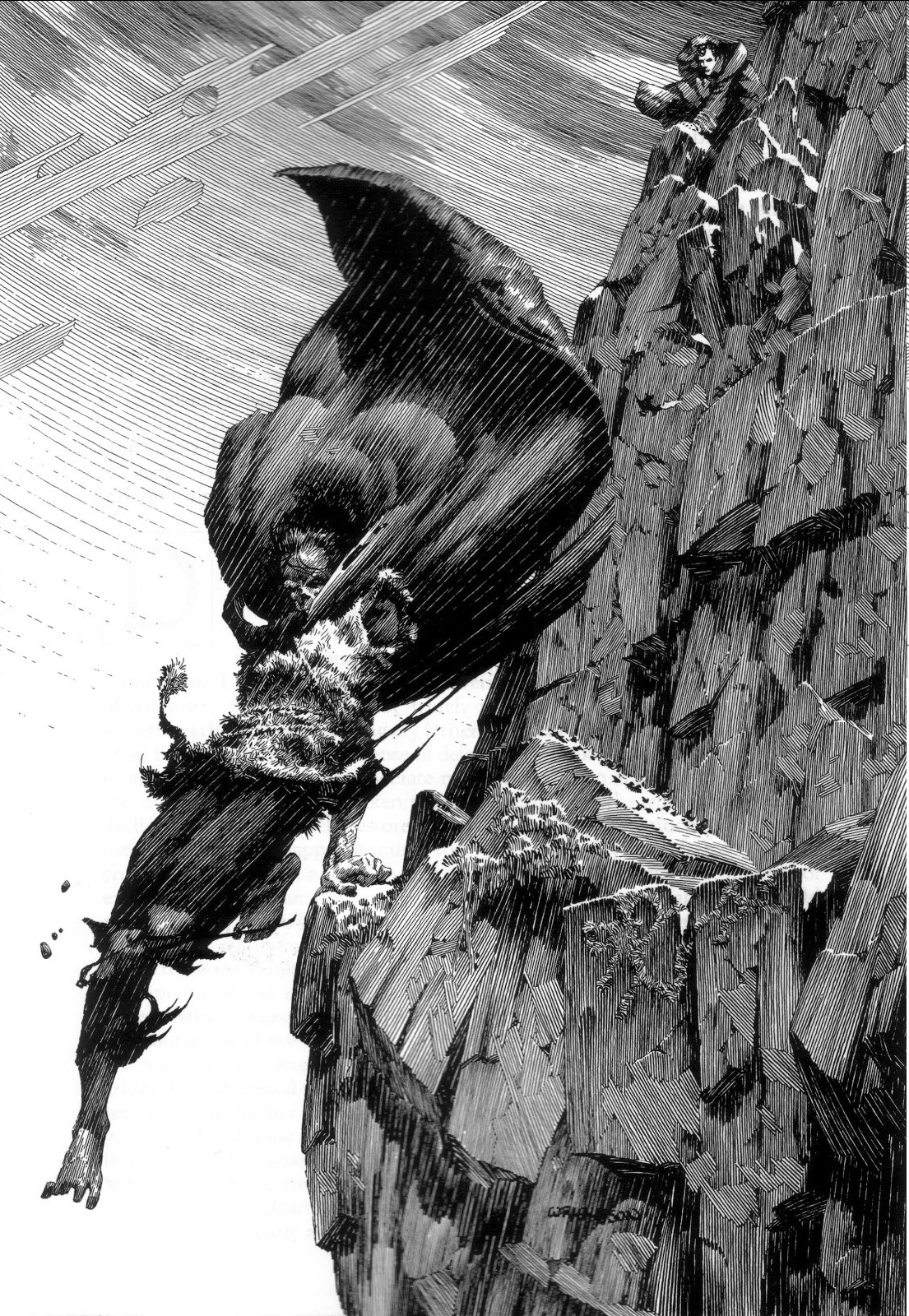 a black and white illustration shows a man in a dramatic struggle as he falls from a sheer cliff face. he is being attacked by a monstrous creature.  the man is clad in dark clothing and a billowing cape.  the style of the image suggests vintage comic book art.