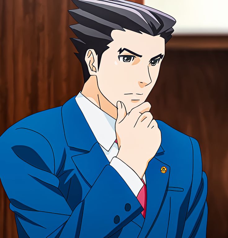 a digital painting of phoenix wright from the ace attorney series. phoenix wright is a lawyer and a main character of the ace attorney video game franchise. he is wearing his signature blue suit, white shirt, and red tie. he is standing with his chin in his hand, staring at the camera with a serious expression on his face. the background is a brown wood panel. the art style is typical of anime art.