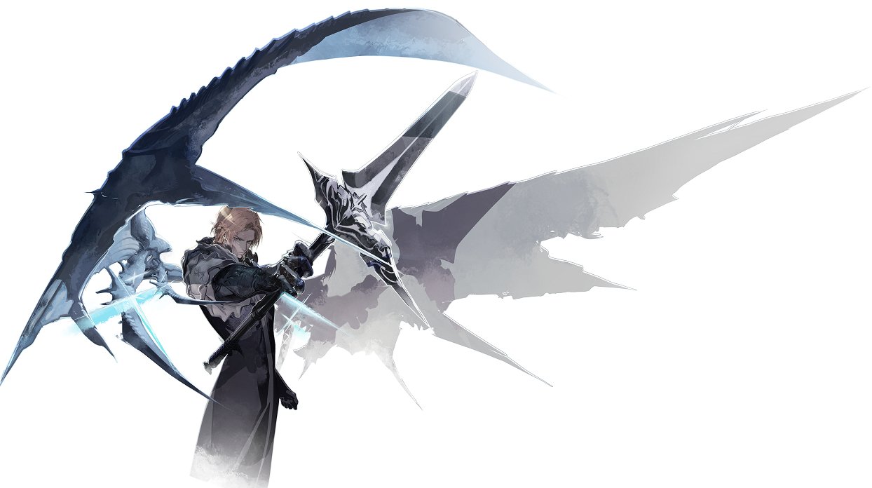 a male anime character standing in front of a white background. he is holding a large black weapon that resembles both a scythe and a sword. he is wearing black clothing and a cloak. the weapon has a blue glow coming from it. there is a faint blue shadow of wings behind him. the image has a very dark and mysterious feel.