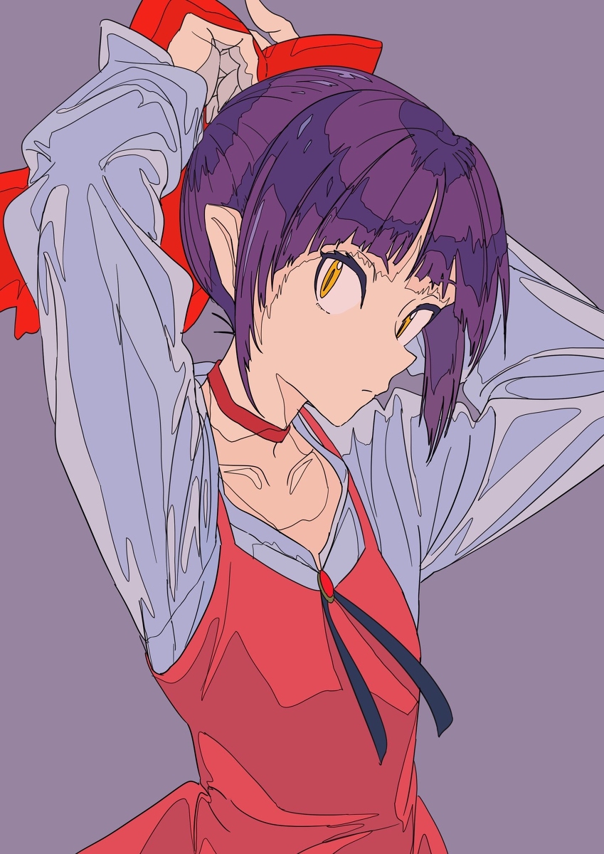 he image is a stylized digital illustration of an anime girl. she has long purple hair styled in a high ponytail, and noticeable elflike ears. she is wearing a red dress over a light purple/blue shirt with a dark tie accent on the apron. she's holding a large red bow behind her head, seemingly in the process of adjusting it. the art style is simple and clean with flat colors and bold outlines, typical of modern anime and manga illustrations. the background is a muted purple. the overall mood is casual and slightly pensive.