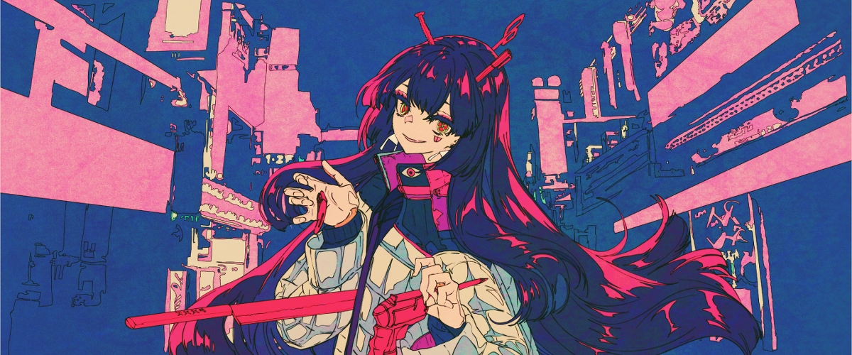 he image is a vibrant digital illustration of an animestyle girl in a cyberpunk setting.  she has long, flowing pink and purple hair and is wearing a stylized outfit. she holds a red weapon that resembles a futuristic sword or blade. the background is a chaotic mix of neon pink and blue buildings, hinting at a futuristic or dystopian city. the overall style is bold and expressive, with strong lines and saturated colors. the scene is dynamic, with the girl appearing to be moving or posing dramatically. the art style suggests elements of manga and digital painting techniques.