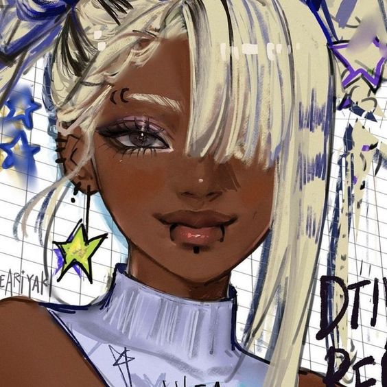 an anime style illustration of a young woman with black skin and blonde hair. she's looking straight ahead with a slight smile. her hair is styled in two braids, and she's wearing blue and white clothing with black accents. she has a variety of piercings and jewelry and her makeup is very dramatic. the background is a grid pattern with colorful lines and dots. the word "diy" is visible to the right, written in black and white.  the artwork is very colorful and stylish.
