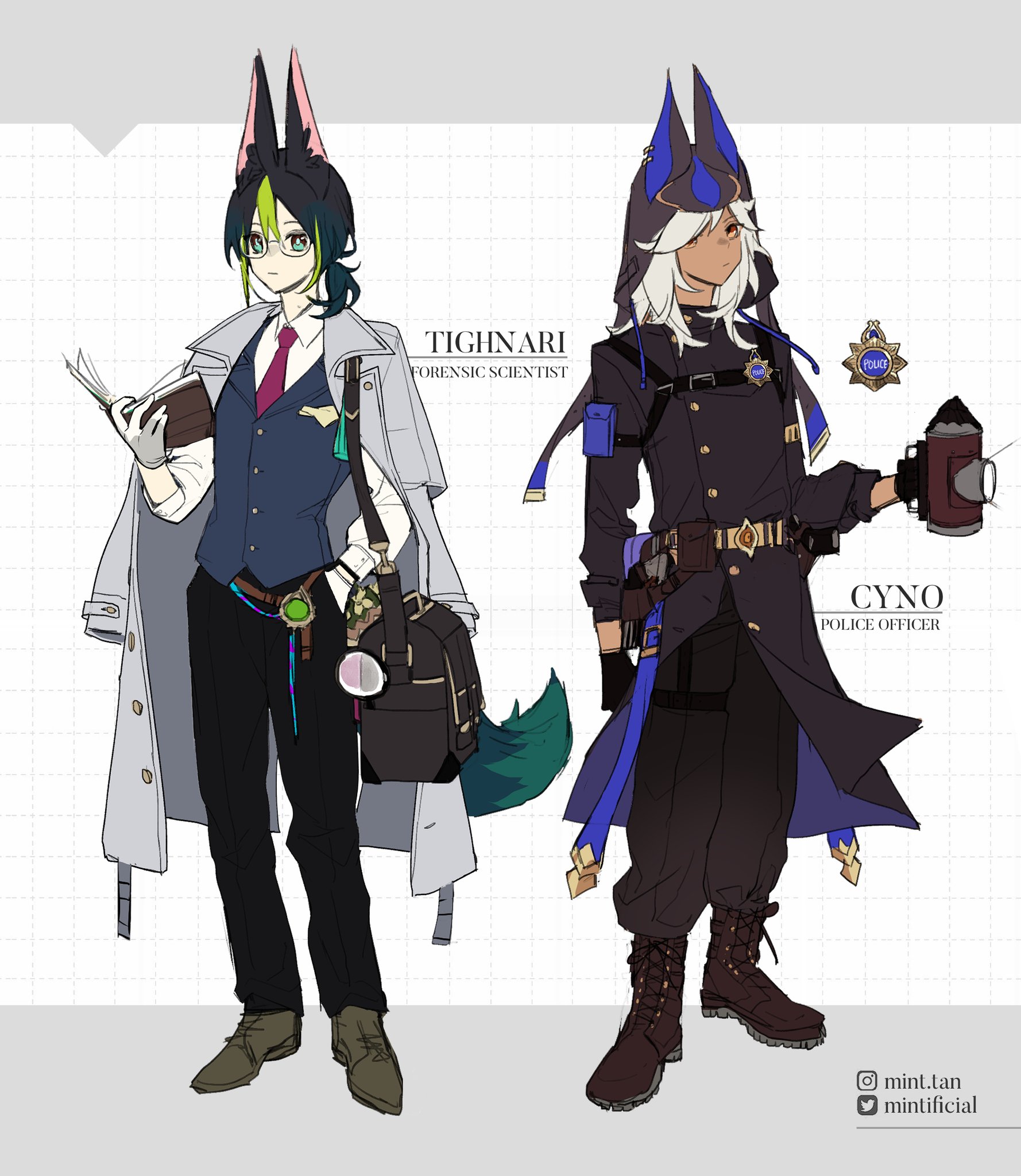 this digital art depicts two characters from the popular video game genshin impact, tighnari and cyno.  tighnari, the forensic scientist, is drawn with a white lab coat and black pants. he carries a book and a bag. cyno, the police officer, is drawn with a black coat and black pants. he is holding a flashlight. the characters are standing in front of a grid background and have a distinct anime style. the artwork is signed by the artist "mint.tan" and "mintifical."