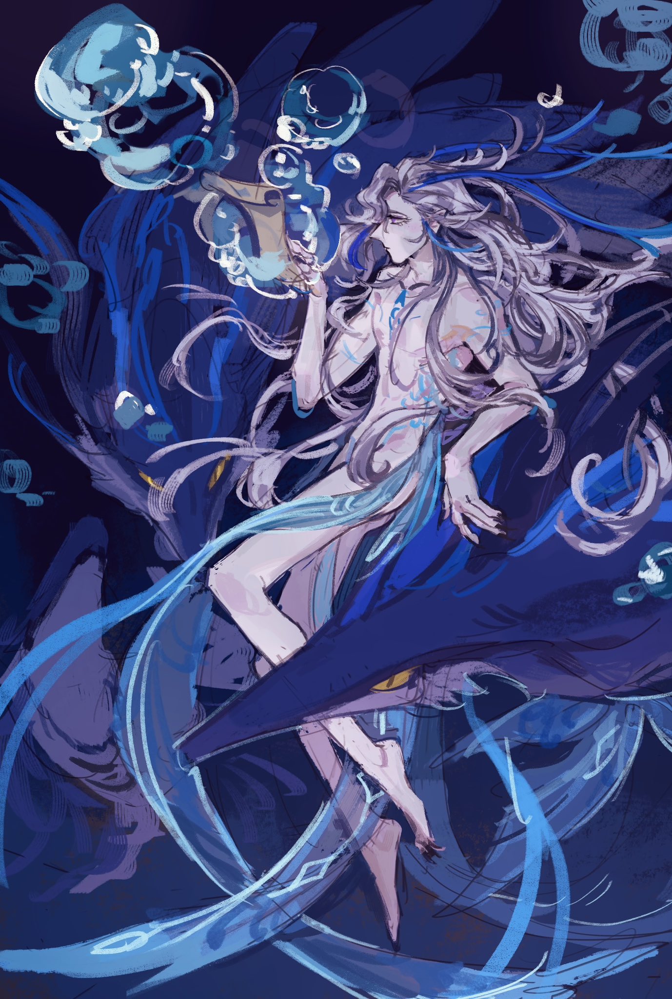 this is a digital illustration of an anime male character. the character has long, flowing, silver hair and is wearing a flowing blue garment that is similar to water. the character appears to be holding a blue orb and standing or sitting on a large, blue, sea creature. the background is dark blue and filled with water elements. the art style is ethereal and graceful.