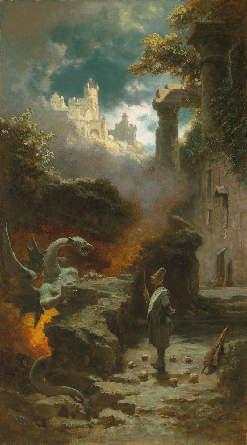 a painting depicts a fantasy landscape with a castle in the background, ruins, a dragon statue, and a man who appears to be a wizard. the wizard stands near a path strewn with skulls. smoke and fire rise from the scene, suggesting magic or destruction. the sky is cloudy, and the overall atmosphere is dark and dramatic.