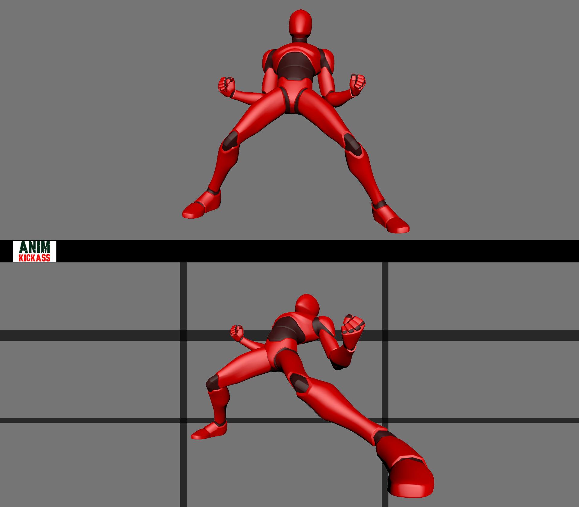 the image shows a red humanoid figure in two different poses, both resembling fighting stances. the figure has black accents and appears to be a 3d model or animation character. the top pose shows the figure with legs spread wide and fists clenched, while the bottom pose displays the figure lunging forward with one leg extended and fists still clenched. a grey background with black grid lines is present, and the logo "anim kickass" is visible in the corner. the overall style suggests a video game or animation character design.