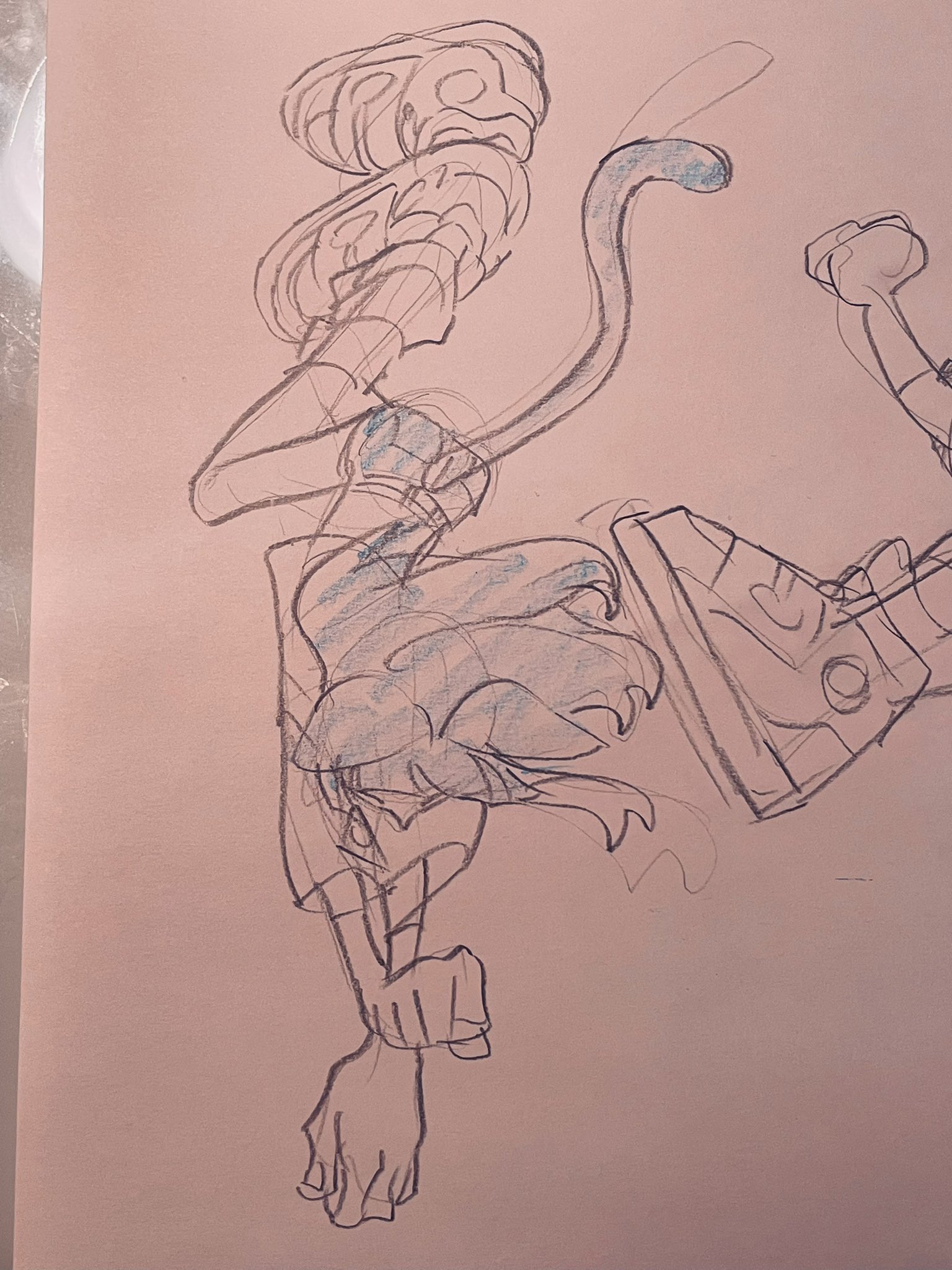 a dynamic pencil sketch of a stylized character, possibly inspired by cartoons or comics, is captured midaction. the character, with exaggerated features and a whimsical design, appears to be either a humanoid figure with animalistic traits like a tail or a personified animal.  the use of foreshortening, particularly in the legs and arms, adds to the dynamism of the pose. the sketch has a light blue underdrawing that suggests volume and form.