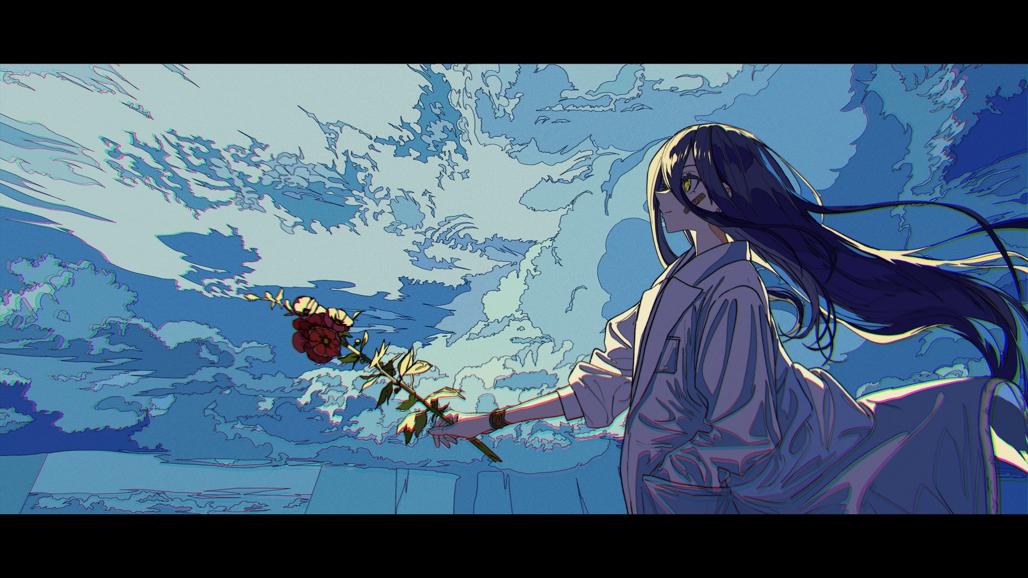 the image is a stylized digital artwork depicting an anime girl with long, dark purple hair flowing in the wind. she's wearing a long, white coat and is holding a single red rose. the background is a vibrant blue sky filled with fluffy clouds. the overall mood is peaceful yet melancholic, with a sense of loneliness. the art style is distinctive, with a use of bold colors and outlines. the girl appears serene and contemplative, lost in thought against the expansive backdrop.