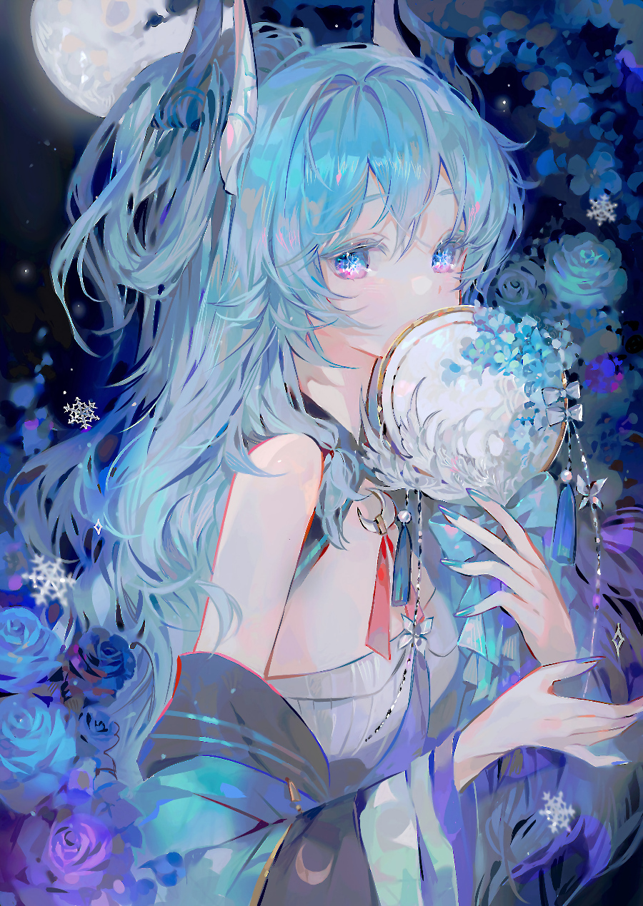 an animestyle illustration of a girl with long, flowing blue hair and wolf ears, set against a backdrop of a full moon, roses, and snowflakes. she has pink eyes that appear to sparkle. she is holding a fan decorated with blue flowers and wearing a kimono with ribbons and jewelry. the scene is bathed in moonlight.