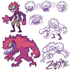 this image showcases concept art of a monster character, possibly for a game or comic. the creature is primarily red and has a more humanoid form with spiky hair, sharp teeth, and clawed hands. it can also transform into a larger, more monstrous version with a bigger head, sharp claws, and a long tongue. the drawings explore different angles and expressions, highlighting its aggressive nature.